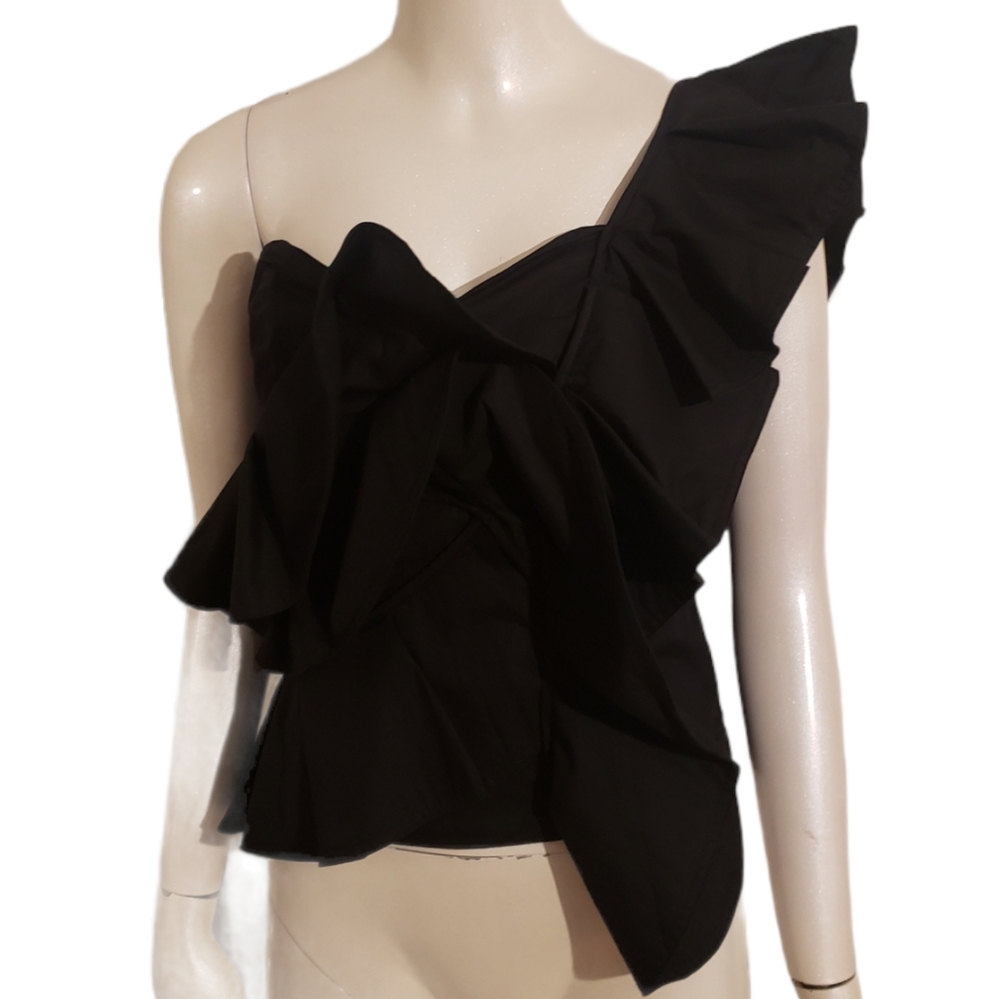 Alpha & Omega Black Ruffled One Shoulder Top